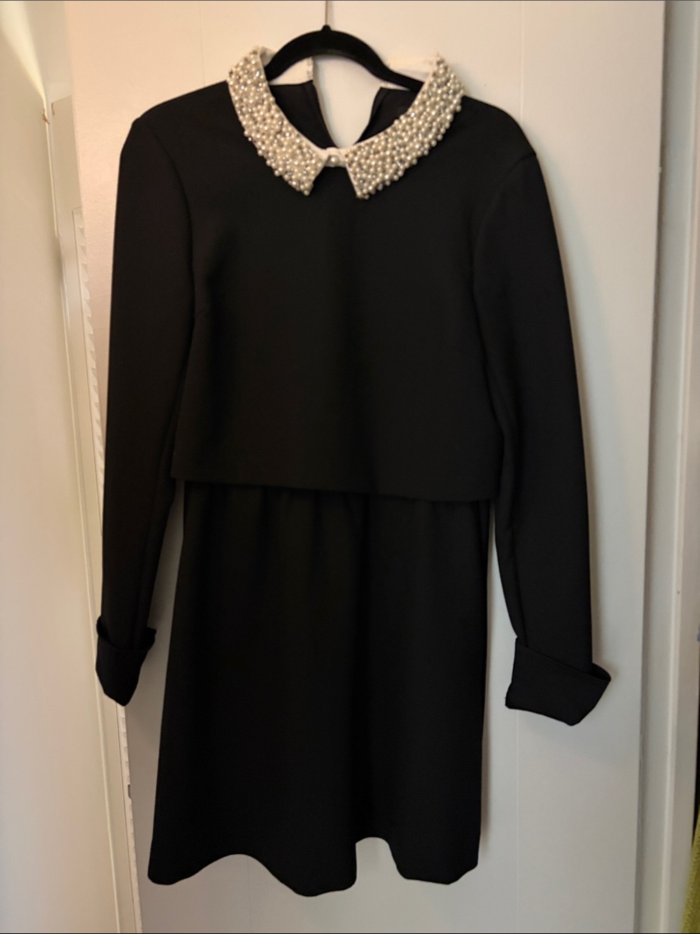 Rachel Zoe Pearl-Collar Black Long Sleeve Mini Dress